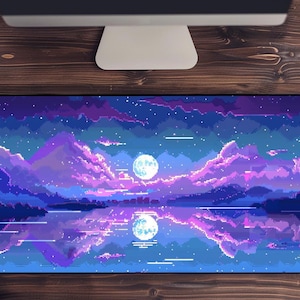Pixel Art Landscape Desk Mat, Cute night Sky desk mat, night cloud desk mat, Pastel pixel art desk mat, moon desk mat, pixel art desk mat