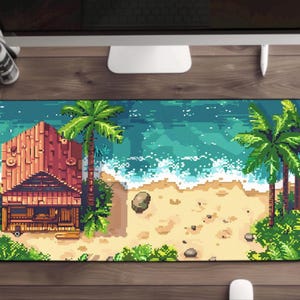 Alfombrilla de escritorio de playa con diseño de píxeles, alfombrilla de escritorio de casa de playa, alfombrilla de escritorio de playa de anime, alfombrilla de escritorio de casa con diseño de píxeles, alfombrilla de escritorio de arte de píxeles oceánicos, alfombrilla de escritorio de playa kawaii