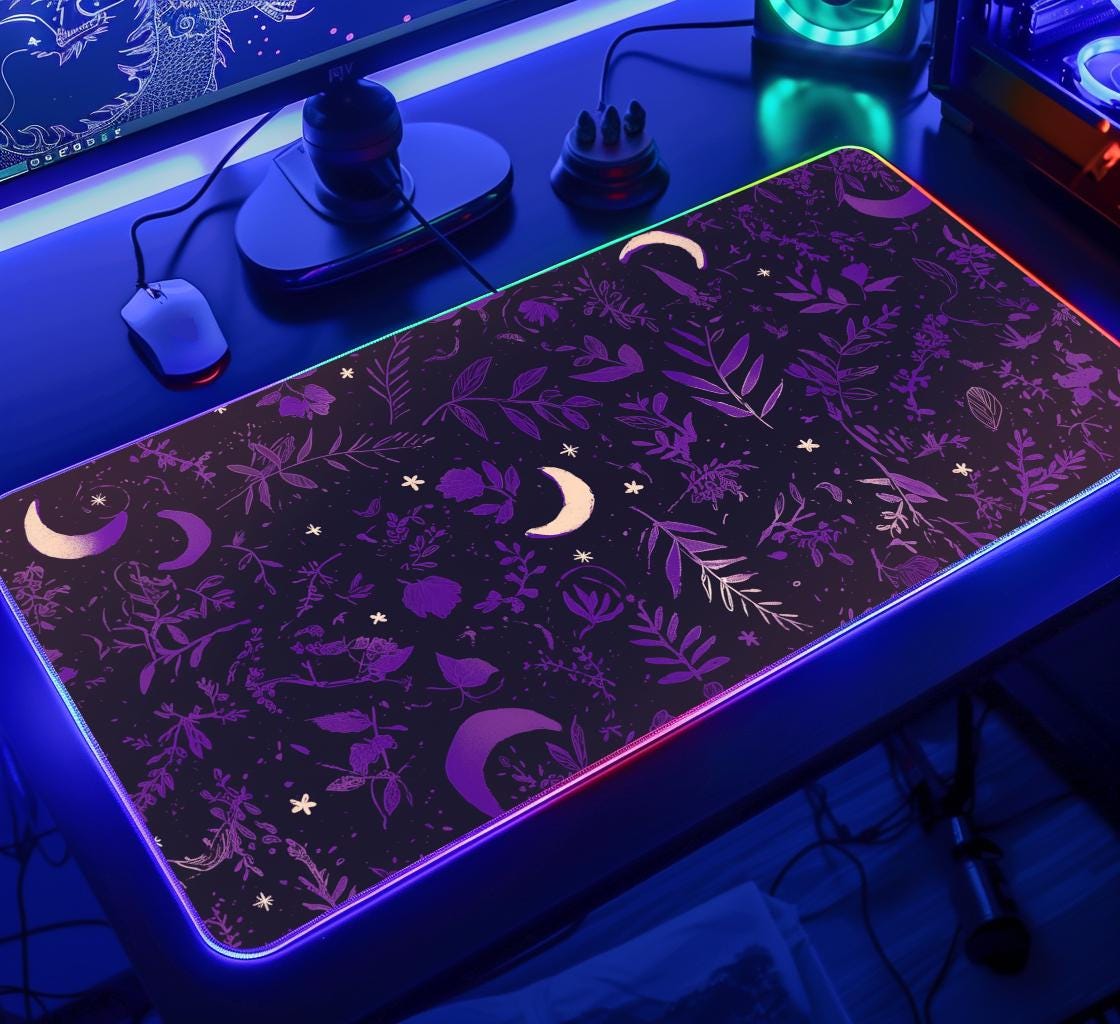 Celestial Purple Desk Mat, RGB Gothic Witchy Desk Mat, Witchy Moon Desk Mat, Purple Desk mat, Celestial Moon LED, RGB Celestial Desk Mat