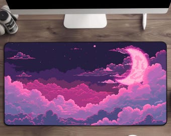 Pink Lunar Desk Mat, Pastel Pixel Art Desk Mat, Pink Aesthetic moon Mouse Pad, Moon Desk Mat, Starry Sky Pink Deskmat, Large gaming mousepad
