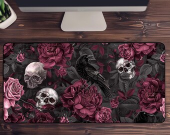 Dark Cottagecore Desk Mat, Gothic Fower Desk Mat, Dark Gothic Mousepad, Dark Flower Desk mat, Gothic Flower Rose mousepad,Dark Raven Deskmat