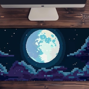 Full Moon Pixel Art Deskmat, Starry Night Pixel art mousepad, kawaii Moon Sky Mousepad, Pixel Art Night Sky Desk Mat, Anime Moon Desk Mat