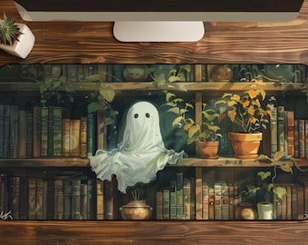 Kawaii Ghost in Library Desk Mat, Kawaii Ghost Mouse Pad XL Gaming mousepad, Mystical Ergonomic Mousepad, Botanical Library Desk Mat, Gifts
