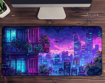 Cyberpunk Pixel Art Desk mat, Neon City Desk Mat, Cyberpunk Lover Gift, Minimalistic Cyberpunk Desk mat, Pixel Art Anime Street Desk mat