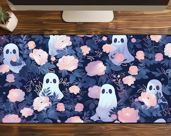 Floral Ghost Desk Mat, Kawaii Ghost Desk Mat, Cute Ghost Mousepad, Gaming desk mat, anime ghost desk mat, Flower Desk Mat, Ghost lover gift