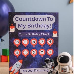 カスタマイズ可能な宇宙飛行士の誕生日カウントダウンチャート | 宇宙をテーマにした子供向けカウントダウン印刷可能 | 10日間バルーンカウントダウン | 編集可能なデジタルダウンロード