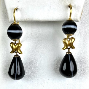 Victorian 15K Black Banded Agate Drop Earrings RE1187CE1