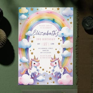 Convite de aniversário de unicórnio editável, convite para festa de aniversário infantil, download instantâneo, cartão faça você mesmo 5x7 para impressão, modelo de aniversário de menina no Canva