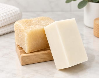 May include: Two rectangular bars of soap are displayed. One bar has a textured, light beige surface and rests on a wooden soap dish. The second bar is smooth, solid white, and stands upright in front of the wooden dish on a marble surface.