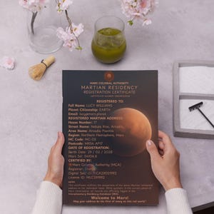 Posséder une terre sur Mars – Carte et certificat de propriété martienne personnalisés | Cadeau spatial amusant | Kit immobilier Sci-Fi Mars | Cadeau pour amoureux de l'espace