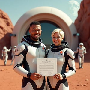 Certidão de Casamento Marciana – Presente Espacial Engraçado para Casais | Kit Personalizado de Cidadania de Marte | Presente de Casamento ou Aniversário de Ficção Científica | Identificação Alienígena