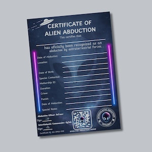 Certificato di rapimento alieno - Regalo di fantascienza / UFO / Area 51 / Identificazione aliena extraterrestre / Regalo per amanti dello spazio / Decorazioni fantascientifiche / Regalo per lui o per lei