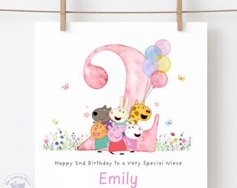 Carte d'anniversaire personnalisée pour le deuxième anniversaire du cochon Carte d'anniversaire de petite-fille : 2 ans Deux filles : 2 ans, Filleule nièce
