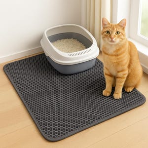 Peut inclure: Un tapis de litière gris avec un motif en nid d'abeille est posé sur un sol en bois à côté d'un bac à litière gris et blanc. Un chat tabby orange est assis à côté du bac à litière, regardant la caméra.
