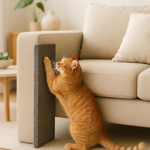 May include: An orange tabby cat is shown scratching a gray scratching post attached to the side of a beige sofa. The cat is standing on its hind legs, reaching up with its front paws. The scene is set in a well-lit living room.