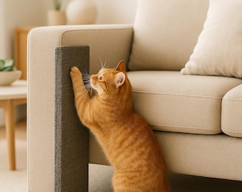 May include: An orange tabby cat is shown scratching a gray scratching post attached to the side of a beige sofa. The cat is standing on its hind legs, reaching up with its front paws. The scene is set in a well-lit living room.