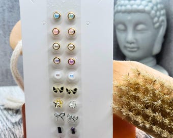 Acupressure Ear Seed Jewelry Set: Crystal & Gold Charms for Stress Relief
