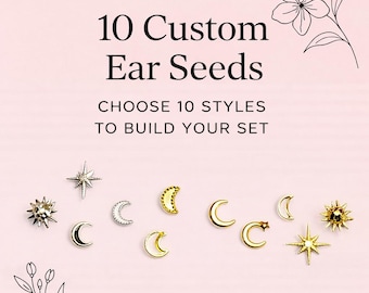 Moons and Stars Designs: Ear Seed Jewelry Set 10 Silver Acupressure Seed Variations