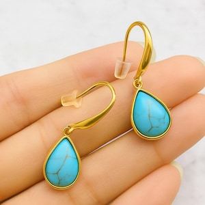Gold Teardrop Turquoise Earrings – Dangle Drop Earrings for Women, Natural Stone Jewelry, Boho Chic Gift, Lightweight Statement Earrings