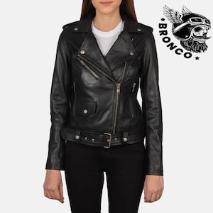 Women’s Black Leather Biker Jacket – Classic Moto Style with Belted Waist