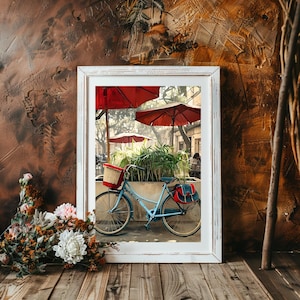 Lámina de bicicleta vintage para pared: Bicicleta azul enmarcada bajo una sombrilla de cafetería, decoración rústica para el hogar, ilustración de bicicleta retro, regalo para ciclistas.