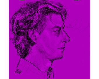 May include: A pencil sketch portrait of a person with curly hair, set against a magenta backdrop. The artwork is displayed with black binder clips. The image captures a side profile.
