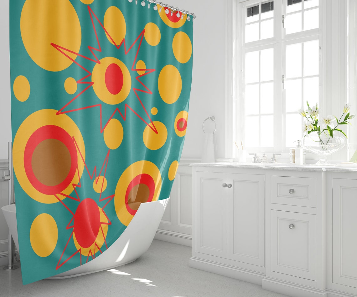 Mid Century Modern Print Shower Curtain Shower Curtain Blue Etsy