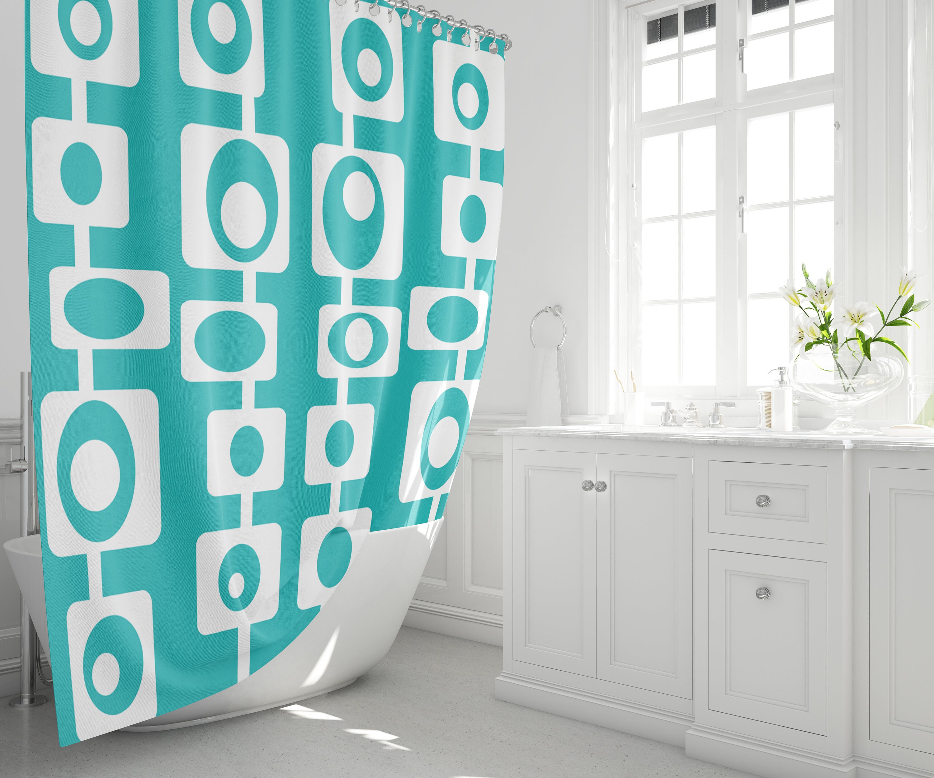 Print Douche Gordijn Douche Gordijn Blauw Mid Century Modern Etsy