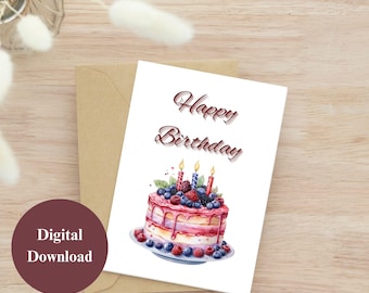 May include: A white greeting card with the words "Happy Birthday" and a watercolor illustration of a layered cake with berries and candles. The card is on top of a brown envelope, with a burgundy circle that says "Digital Download".