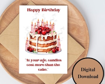 May include: A birthday greeting card with a watercolor illustration of a layered cake topped with cherries and lit candles. The card reads "Happy Birthday" and includes the humorous quote, "At your age, candles cost more than the cake." A digital download.