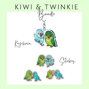 Kiwi & Twinkie Parrot Bundle – Acrylic Keychain + Matching Sticker Pack