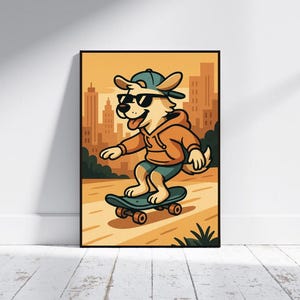 Wall art, cartoon dog on a skateboard