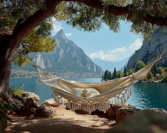 Handwoven Large Double Hammock with Fringes - Breathable and Anti-Tip Canvas Swing. Easy to Carry Outdoor Hammock