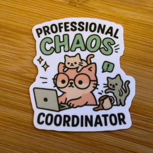 Puede incluir: Una pegatina con las palabras "PROFESSIONAL CHAOS COORDINATOR" y un gato de dibujos animados con gafas trabajando en un port&aacute;til. Tambi&eacute;n aparecen otros dos gatos en el dise&ntilde;o.