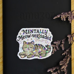 May include: A black e-reader with a sticker that reads "MENTALLY Meow-verloaded" featuring a cartoon cat with a coffee cup. The sticker has holographic accents. Dried purple flowers are in the background.
