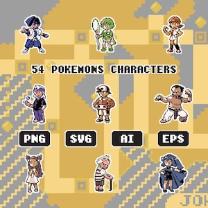 May include: Pixelated digital art featuring 54 Pokémon characters. The image has a retro video game aesthetic with a yellow and gray background. The text "54 POKEMONS CHARACTERS" is displayed. File type options PNG, SVG, AI, and EPS are also shown.