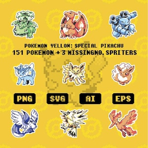 Può includere: Grafica gialla con immagini pixelate di Pokémon. Il testo recita "Pokemon Yellow: Special Pikachu" e "151 Pokemon + 3 Missingno. Spriters." Icone dei tipi di file: PNG, SVG, AI ed EPS. Design retrò.