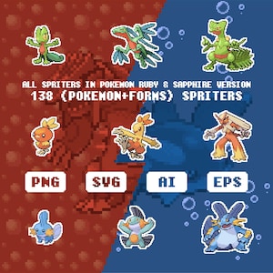 May include: A digital illustration showcasing pixel art Pokémon sprites from the Ruby & Sapphire versions. The image is divided diagonally with red and blue backgrounds. Text includes "ALL SPRITERS IN POKEMON RUBY & SAPPHIRE VERSION" and "138 (POKEMON+FORMS) SPRITERS".