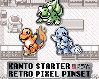 Kanto Starter Pixel Pin Set, Bulbasaur Charmander Squirtle Retro Gamer Accessories