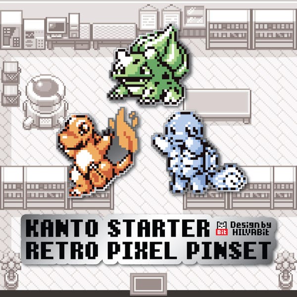 Pines iniciales de Pokémon Pixel: Bulbasaur, Charmander y Squirtle de 8 bits
