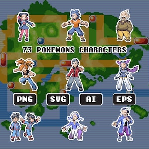 May include: A digital graphic featuring 73 POKEMONS CHARACTERS text over a pixelated map background. The image displays various pixel-art character sprites in different poses and outfits, along with four black rectangular labels labeled PNG, SVG, AI, and EPS.