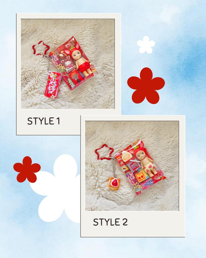 May include: Two polaroid-style photos showcase miniature doll keychains. Each keychain features a doll in a red outfit, packaged with snacks. One keychain has a red tag with Japanese text. The background is a fluffy white surface.