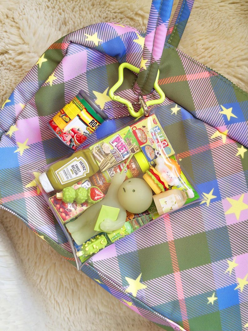 K&ouml;nnte beinhalten: Eine karierte Tragetasche mit Sternmuster, die Miniatur-Lebensmittel und einen neongr&uuml;nen sternf&ouml;rmigen Schl&uuml;sselanh&auml;nger enth&auml;lt. Die Tasche hat gr&uuml;ne, rosa, blaue und gelbe Farben. Die Miniatur-Lebensmittel umfassen eine Tomatendose, Relish und ein Mini-Sandwich.