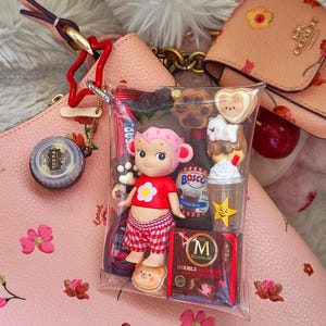 Pu&ograve; includere: Una borsa rosa Coach con motivo floreale, un piccolo portafoglio e una busta trasparente piena di cibo in miniatura e una bambola. La borsa ha anche un portachiavi a forma di stella e un ciondolo rotondo.