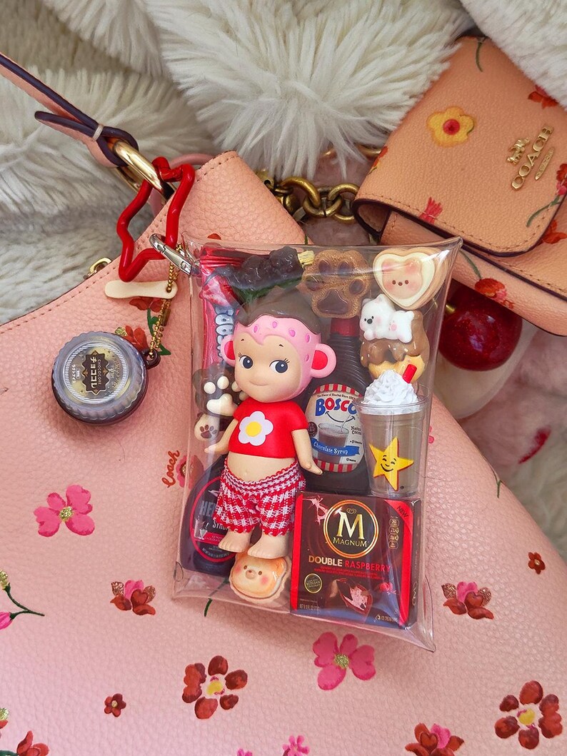 Pu&ograve; includere: Una borsa rosa Coach con motivo floreale, un piccolo portafoglio e una busta trasparente piena di cibo in miniatura e una bambola. La borsa ha anche un portachiavi a forma di stella e un ciondolo rotondo.
