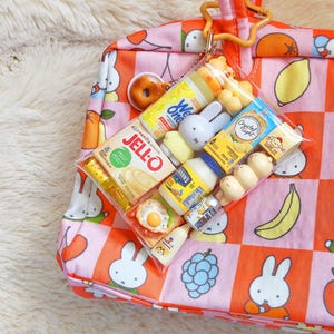 Peut inclure: Un sac fourre-tout &agrave; carreaux roses et orange avec des illustrations de lapins blancs, muni d'une pochette en plastique transparent fix&eacute;e par un clip en forme d'&eacute;toile. La pochette contient des miniatures alimentaires, dont Jell-O et Crystal Light.