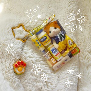 Op de afbeelding: Een doorzichtige plastic zak gevuld met miniatuurvoedsel, een kleine pop en een stervormige sleutelhanger. De zak bevat een fles Hellmann's mayonaise, mosterd en andere voedingsmiddelen. De pop is een kat met oranje en witte vacht, gekleed in een blauwe jurk.