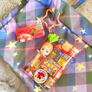 K&ouml;nnte beinhalten: Eine bunte karierte Tragetasche mit Sternmuster, die eine transparente Tasche mit Miniatur-Lebensmitteln enth&auml;lt. Enth&auml;lt eine japanische Joghurtverpackung, einen karottenf&ouml;rmigen Anh&auml;nger und verschiedene Lebensmittelminiaturen.