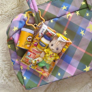 May include: A green, blue, and pink plaid tote bag with yellow star accents. The bag holds a clear plastic package with a toy animal, snacks, and a tube of mayonnaise. A can of Pringles is attached to the bag with a gold-colored star-shaped clip.