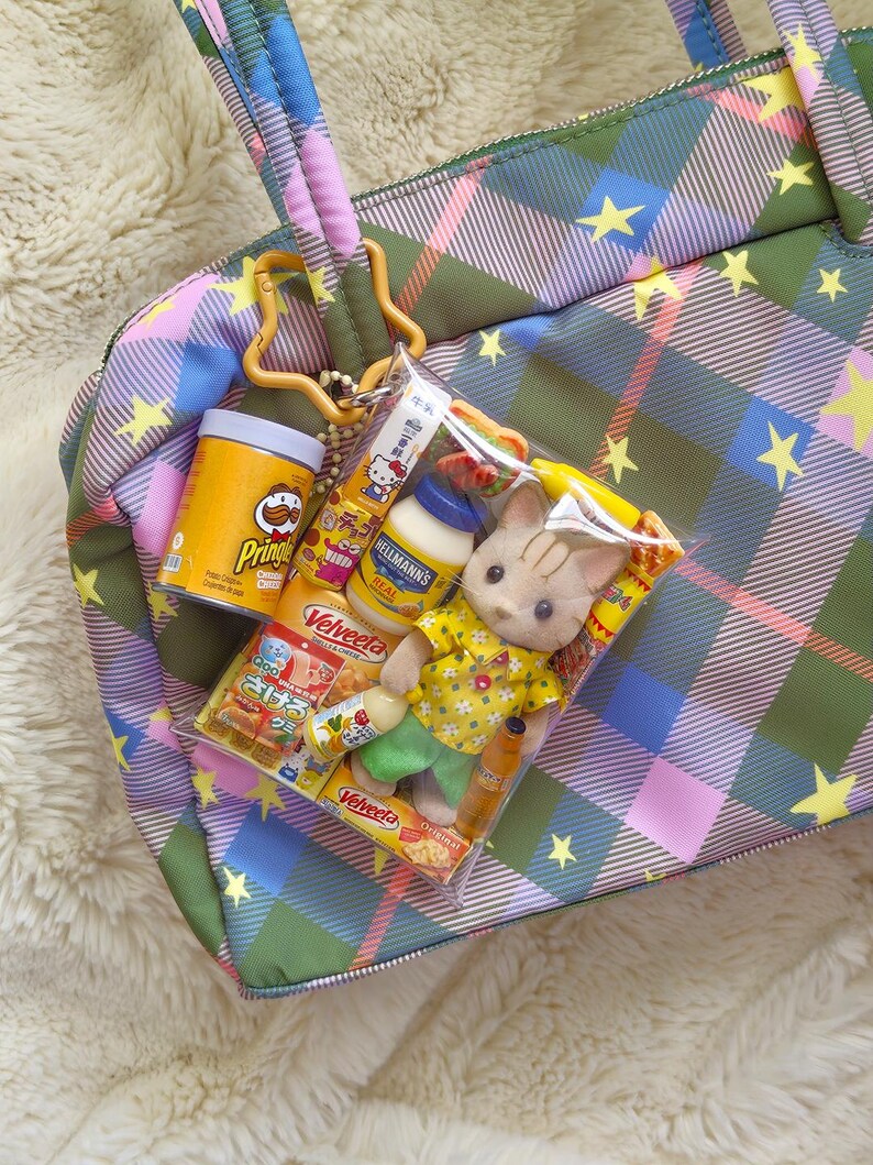 May include: A green, blue, and pink plaid tote bag with yellow star accents. The bag holds a clear plastic package with a toy animal, snacks, and a tube of mayonnaise. A can of Pringles is attached to the bag with a gold-colored star-shaped clip.